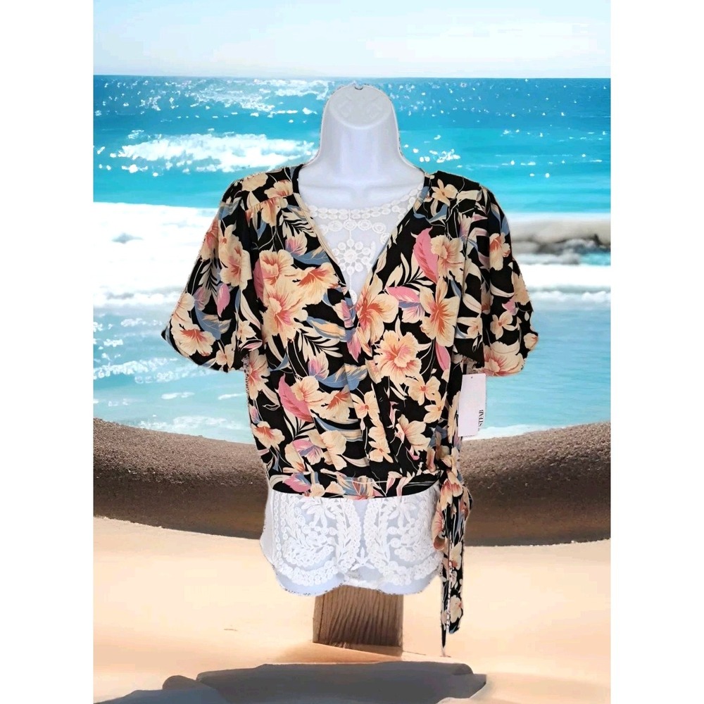 JustFab Wrap Top L Black Tropical Print Flutter Sleeve Side‎ Tie Beachy Boho NWT